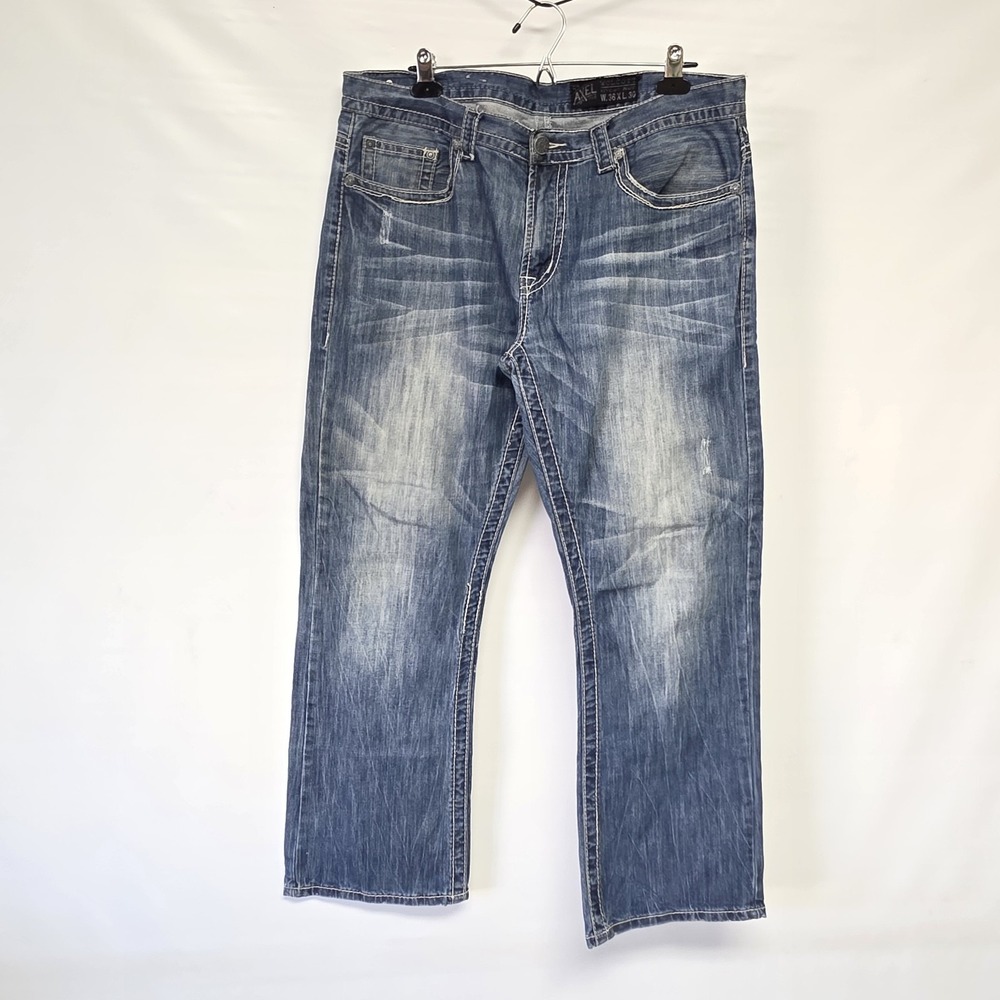 T.K. Axel Wolcott Vtg Boot Mens thick stitch Blue Jeans 36x30 (38 flat lay)